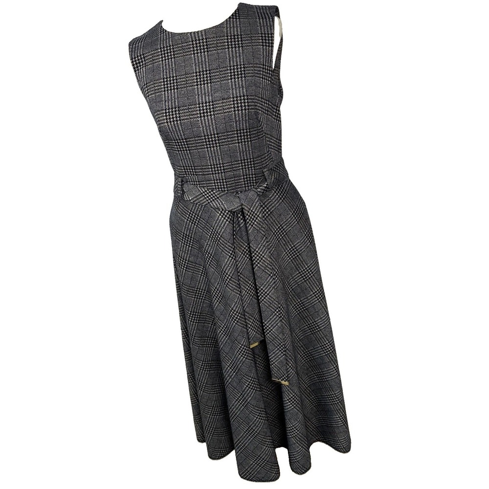 Calvin Klein Plaid Sleeveless Midi Dress Fit &Flare Round Neck Tie Belt WomenSz6